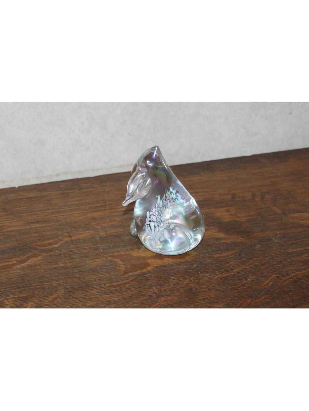Vintage Art Glass Clear Iridescent Splatter Bunny Rabbit Figurine Paperweight - Picture 2 of 4